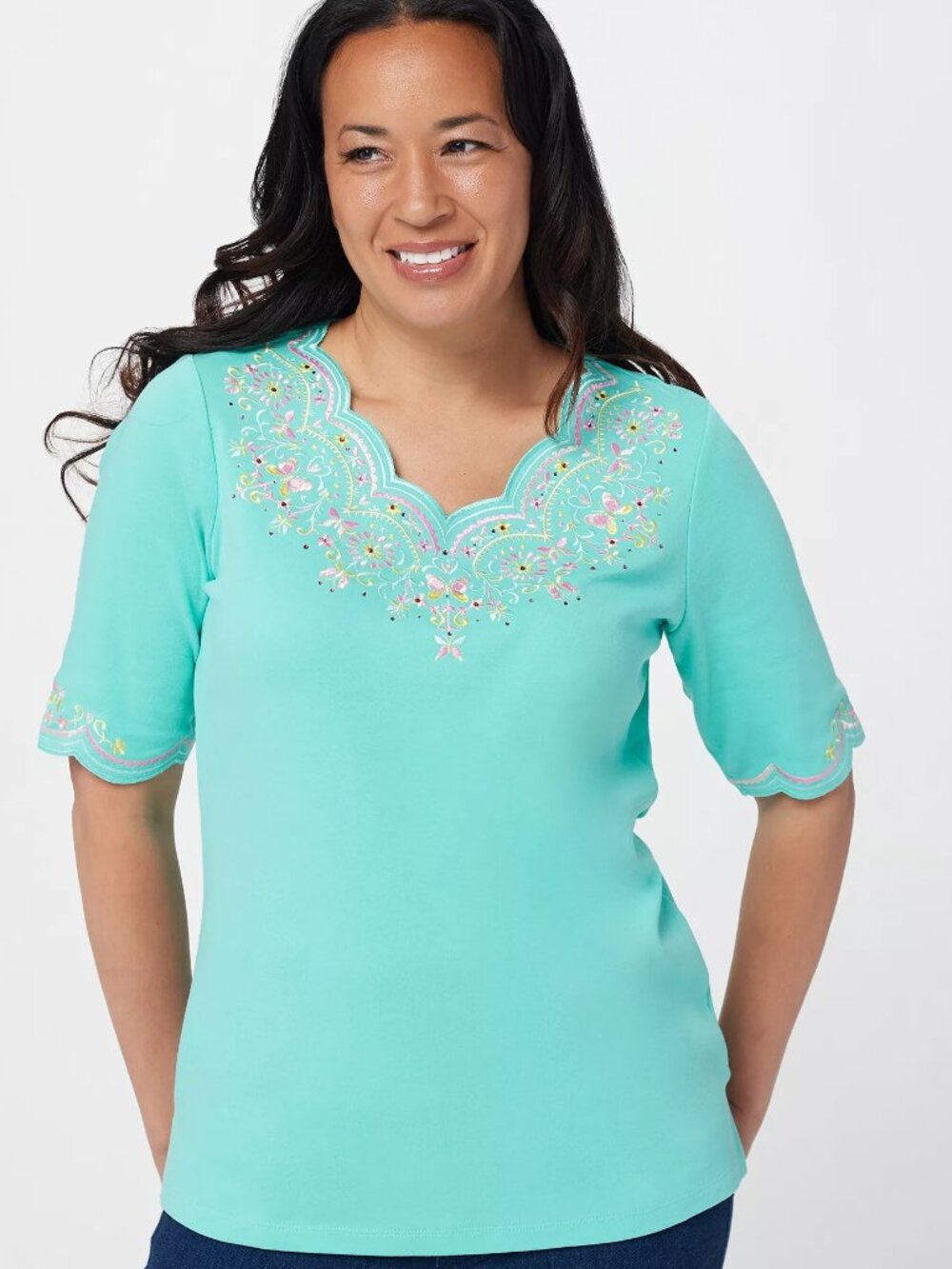 Quacker Factory Embroidered Scalloped Elbow Sleeve Top 3X New